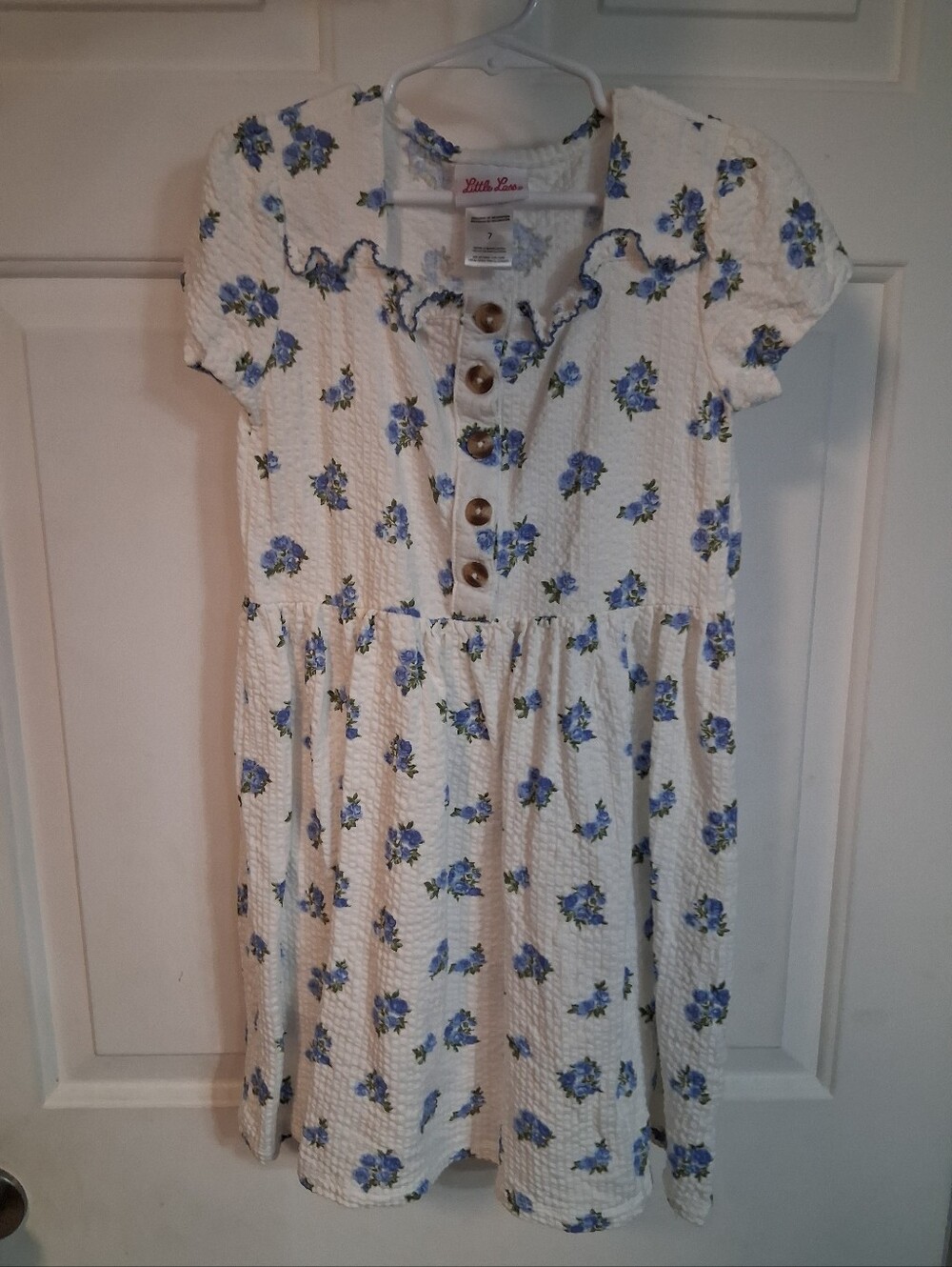 Little Lass Girls Floral White And Blue Flowers Casual Dress Size 7